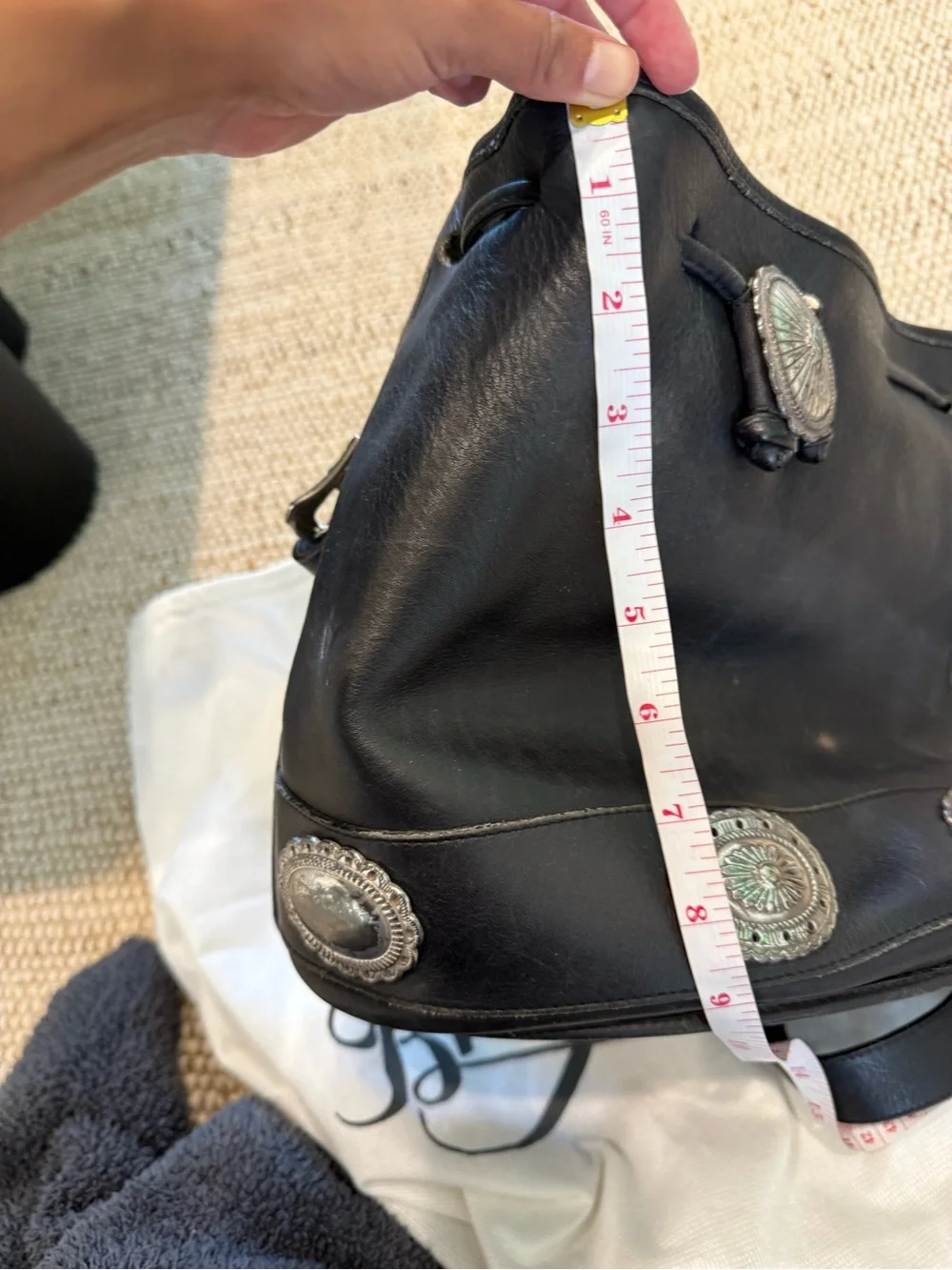 Brighton Black Leather Drawstring Shoulder Bag with Concho Medallions
